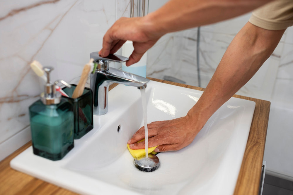 high-angle-man-cleaning-sink